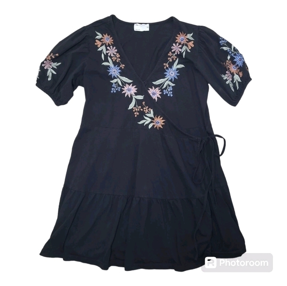 ASOS Black Embroidered Puff Sleeve Wrap Mini Dress Size 14 - Picture 12 of 12